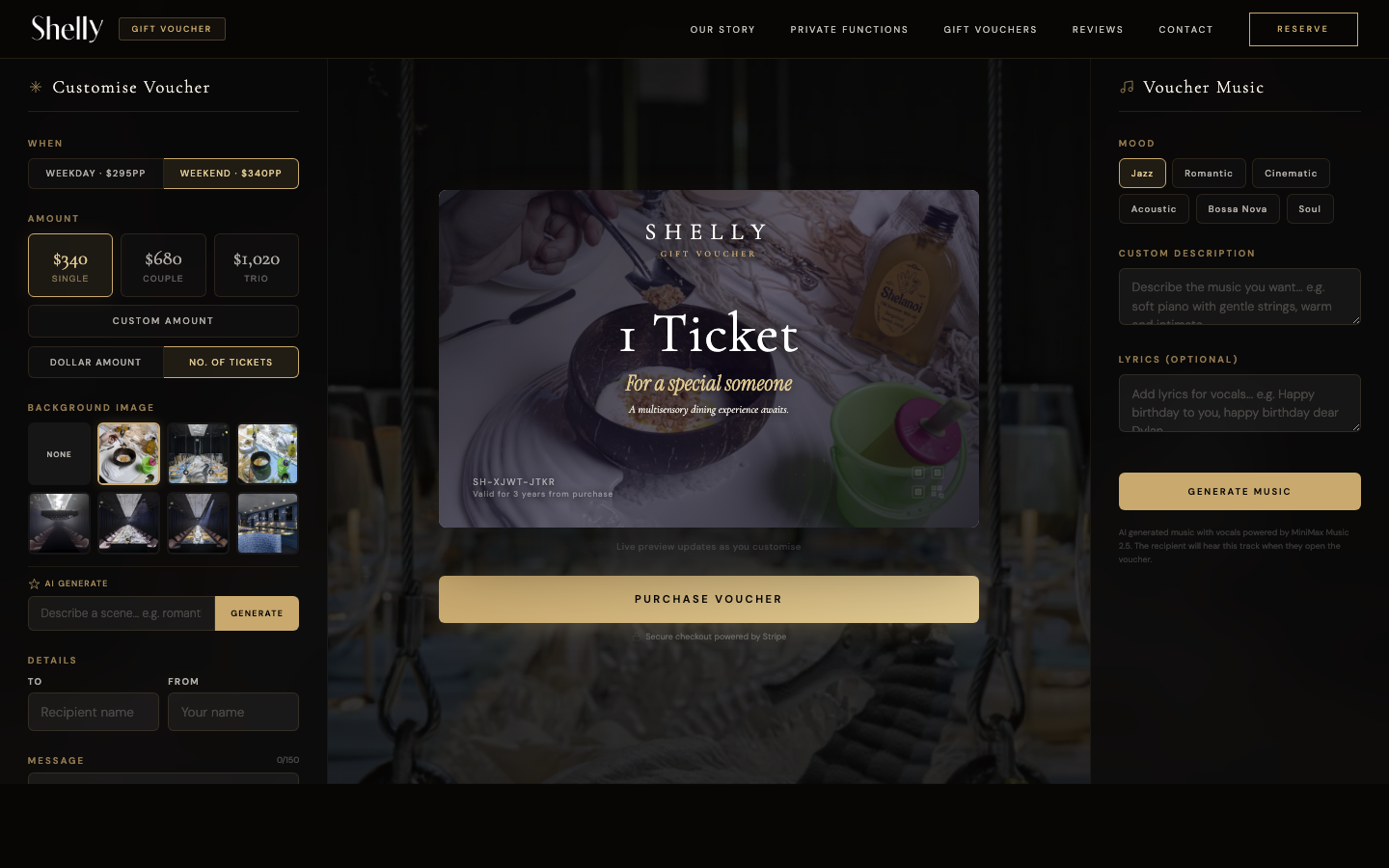 Shelly gift voucher builder showing the customisation interface with live preview